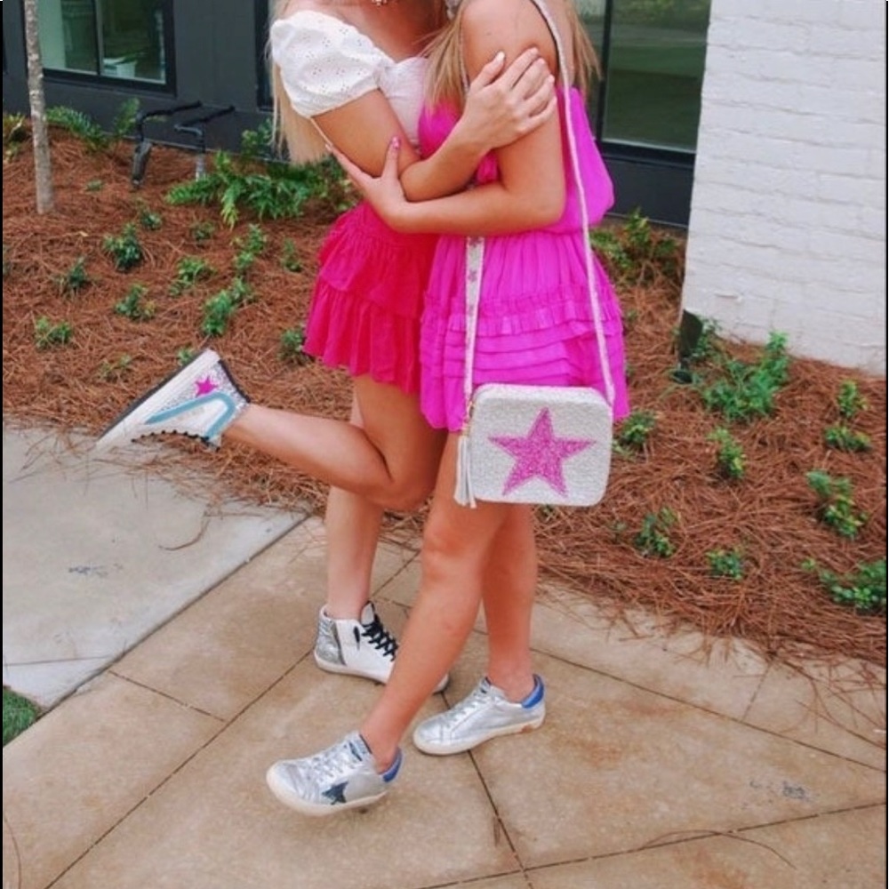 NEW PREPPY SILVER GLITTER PINK STAR CROSSBODY HANDBAG GOOSE TEEN GOLDEN - Picture 3 of 7